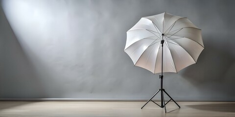 A white photography umbrella on a tripod stand against a grey backdrop.