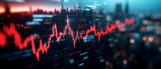 Digital display showing falling interest rates with a cityscape in the background, economic outlook