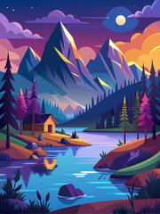 Nighttime Landscape with a Cabin by a River and Mountains