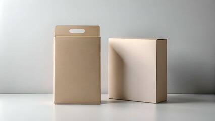 Two simple cardboard boxes on a white background. one with a handle. offering a clean and modern aesthetic for product mockups. branding. and design projects.