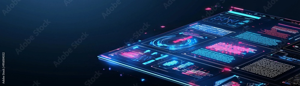 Wall mural dark mode website layout with glowing elements, trendy web design aesthetic, modern ui/ux concept.