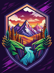 Mountain River Landscape at Sunset in a Hexagon Frame