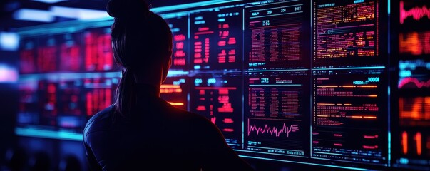 A silhouette of a person examining vibrant data screens illuminated in red and blue, symbolizing technology and analysis.