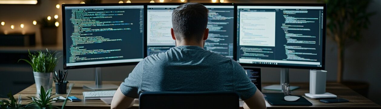 Developer working on a website with multiple tabs open, multitasking in web development, efficient coding setup.