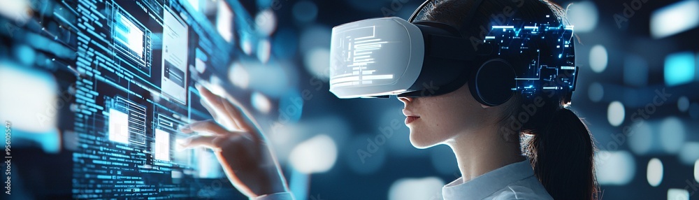 Poster virtual reality scene of a user building a website in a 3d environment, immersive web development co