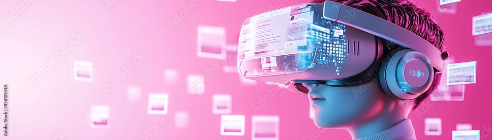 Poster virtual reality scene of a user building a website in a 3d environment, immersive web development co