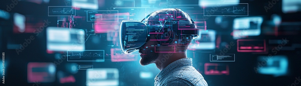 Poster virtual reality scene of a user building a website in a 3d environment, immersive web development co