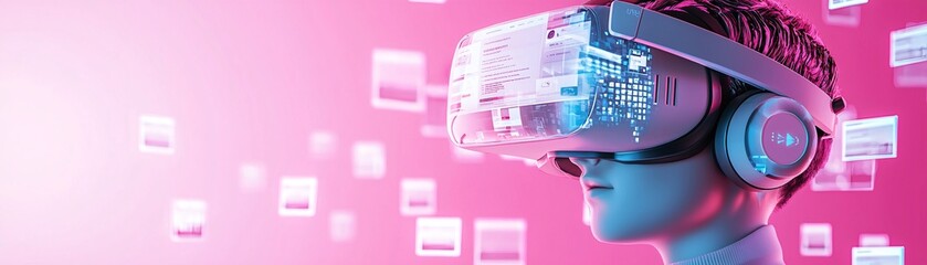 Obraz premium Virtual reality scene of a user building a website in a 3D environment, immersive web development concept, futuristic UI/UX.