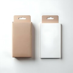 Two cardboard boxes with hang tags. one brown and one white. isolated on a white background.