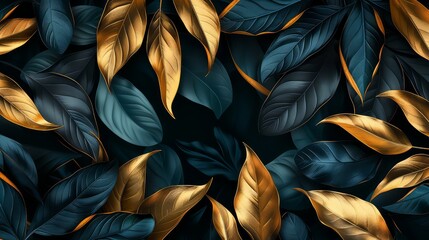 Tropical leaves of dark blue and green color, shiny golden light texture. Luxurious gold wallpaper. Black and gold background.