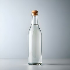 A clear glass bottle with a cork stopper. filled with a clear liquid.
