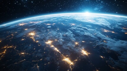 Earth planet at night. Abstract wallpaper. City lights on planet.