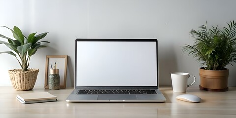 Fototapeta premium A minimalist workspace featuring a laptop with a blank screen. a coffee mug. a wireless mouse. and two potted plants.