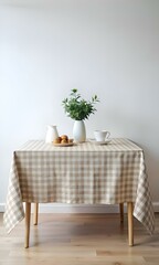 A simple yet elegant checkered tablecloth mockup in beige and white. perfect for showcasing your designs for table linens and kitchen decor.