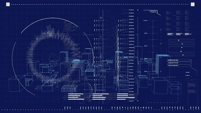 Blueprint of cityscape with data visualization and network connections animation
