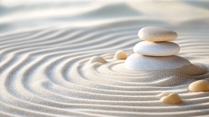 Stacked stones on raked sand in a Zen garden