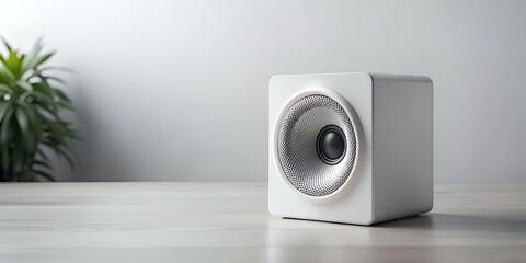 A sleek. modern white speaker rests on a minimalist wooden table. ready to fill the room with sound. - Powered by Adobe