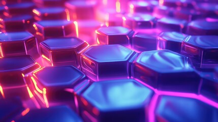 Obraz premium A 3D render of glass hexagons with bright internal glows, arranged in a cascading, wave-like formation