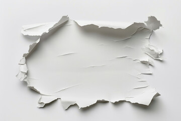 A piece of white paper with torn edges and an irregular hole in the center on a white backdrop, creating a sense of depth.
