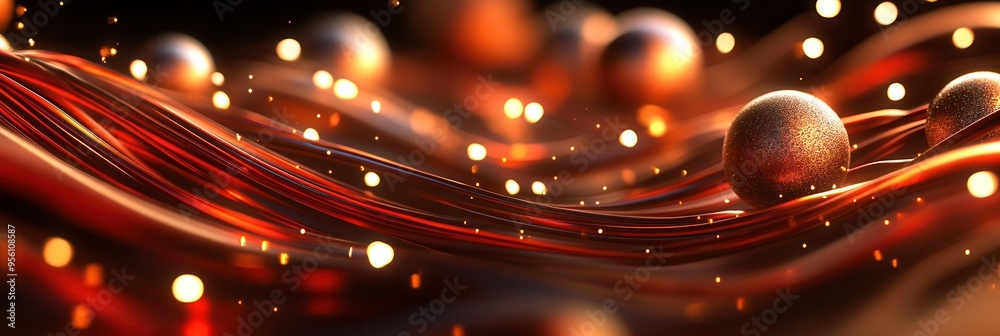 Poster Abstract glowing lines blend with spherical elements, creating a dazzling display reminiscent of festive Christmas decorations. Generative AI