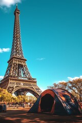 Eiffel Tower Gracefully Overlooking Temporary Festival Tent, Majestic Paris Skyline with Colorful Tent