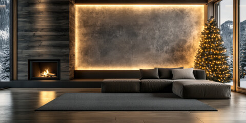 Christmas living room interior with a sofa, a fireplace, warm lighting and the Xmas tree