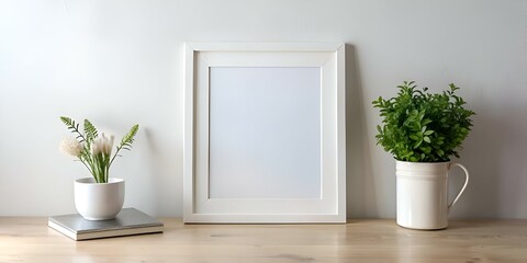 A simple yet stylish mockup featuring a white frame on a wooden table with a touch of greenery.