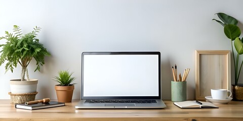Minimalist workspace mockup featuring a laptop with blank screen. notebooks. and a cup of coffee.