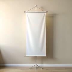 A clean and simple mockup of a blank projector screen standing on a tripod against a neutral beige wall.