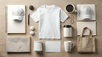 A flat lay mockup featuring a variety of customizable promotional merchandise. perfect for showcasing your brand and designs.