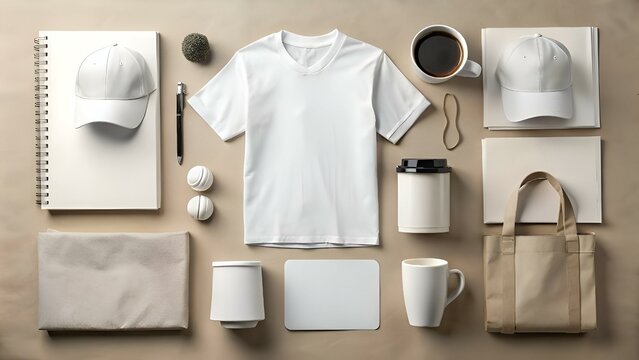A flat lay mockup featuring a variety of customizable promotional merchandise. perfect for showcasing your brand and designs.