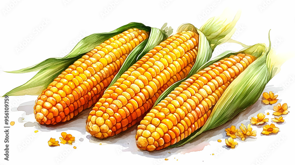 Wall mural Fresh Corn on the Cob Watercolor Illustration