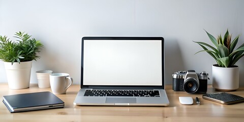 Fototapeta premium Clean and minimalist mockup featuring a laptop with blank screen. a camera. and a notebook on a wooden desk.