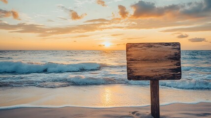 日の出とビーチに立つ木製看板