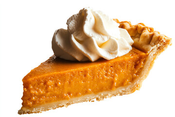 A delicious slice of pumpkin pie topped with a dollop of whipped cream on a white background, perfect for autumn and holiday-themed designs.