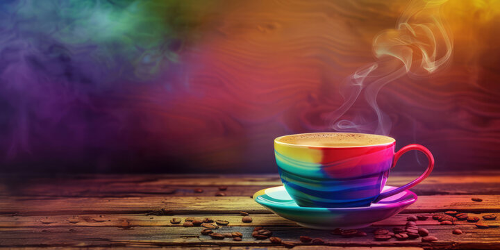 A rainbow coffee cup with steam against a certain background.