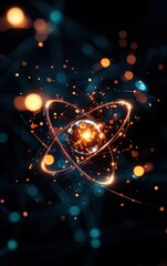 Obraz premium Abstract representation of an atom with glowing particles and vibrant colors, perfect for science or technology themes.