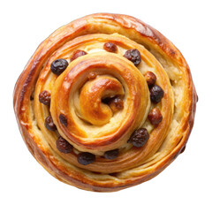 Raisin danish pastry top view close up isolated on transparent background