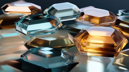 Floating glass octagons in a layered formation, each with a soft internal glow, creating a luminous abstract design