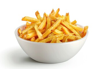 A bowl of crispy french fries isolated on white background.