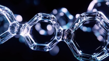 Transparent glass octagons with glowing centers, connected in a fluid, abstract loop against a dark background