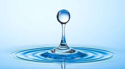 A stunning close-up of a water droplet created beautiful ripples in tranquil blue water.