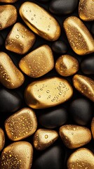 Obraz premium A stunning arrangement of golden pebbles resting on a dark surface, showcasing a luxurious and serene aesthetic.