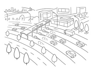 Hand-Drawn Vector Sketch of a Toll Highway with a Queue of Cars