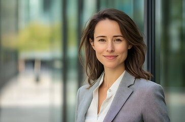 Fototapeta premium portrait of smiling business woman standing in front of modern office building