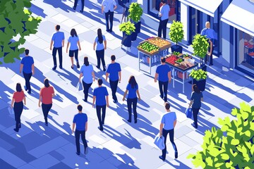 Obraz premium Diverse group of people walking on urban city street with modern architecture and greenery