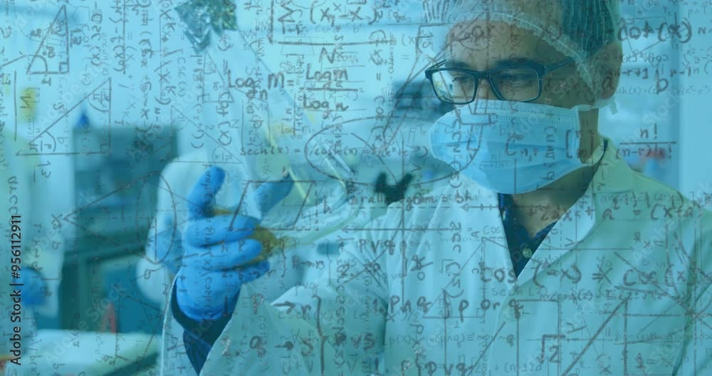 Poster scientific formulas and equations animation over scientists conducting experiments in laboratory