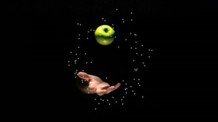 Hand reaching towards floating green apple with particle animation on black background - Powered by Adobe