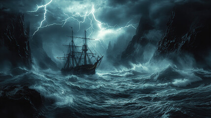 A ship in the middle of a stormy sea under a storm and lightning