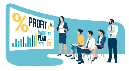 Education, learning. Profit, business illustration. The business team listens to the female teacher, leader.

